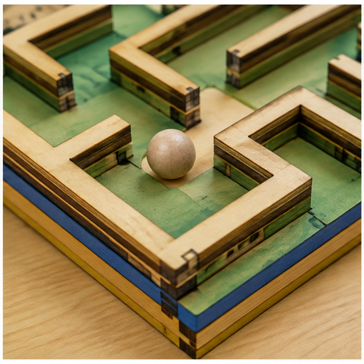 Close view of the same maze's layered walls, corners, and wooden bead