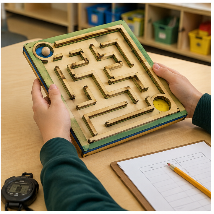Student tilt-testing the same maze while recording results